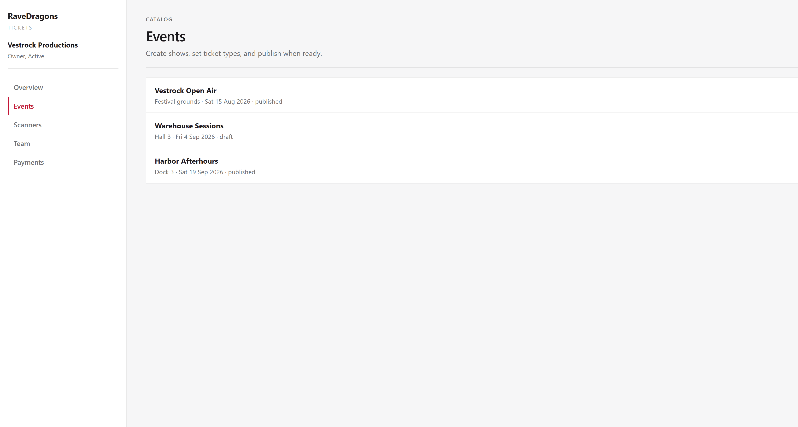 Events list in the organizer portal