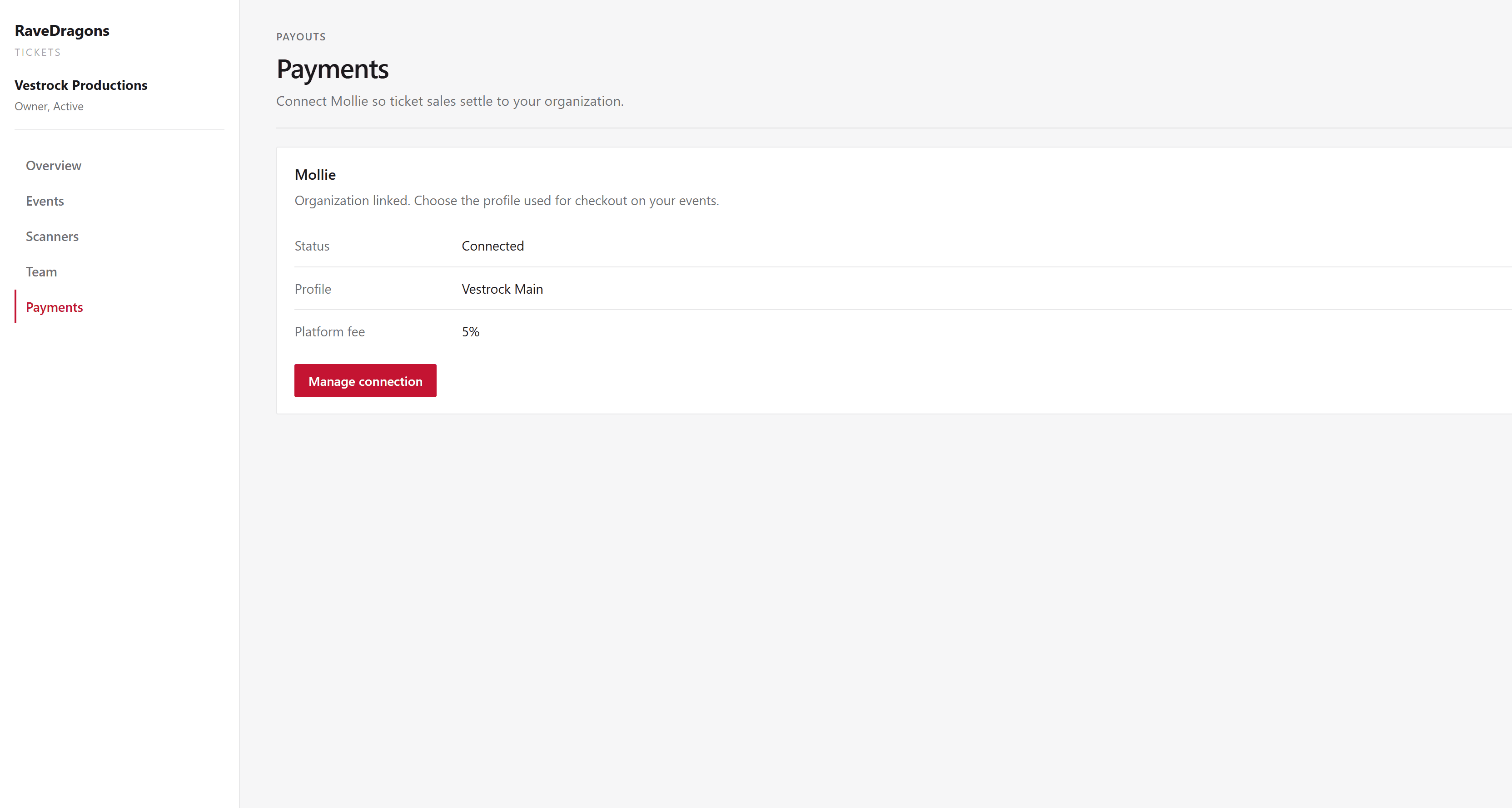 Payments settings with Mollie connection