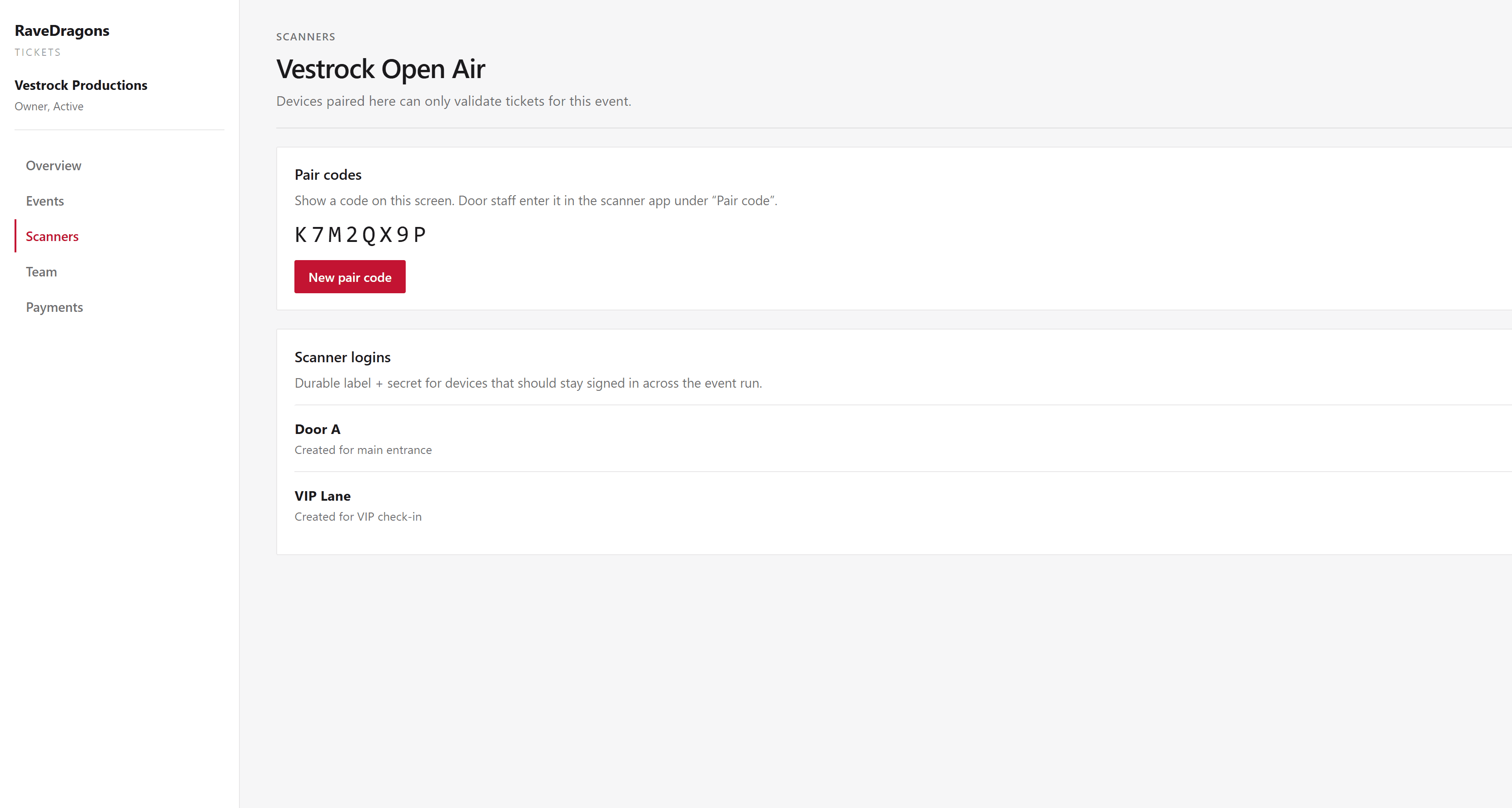 Scanners hub for an event with pair codes and logins