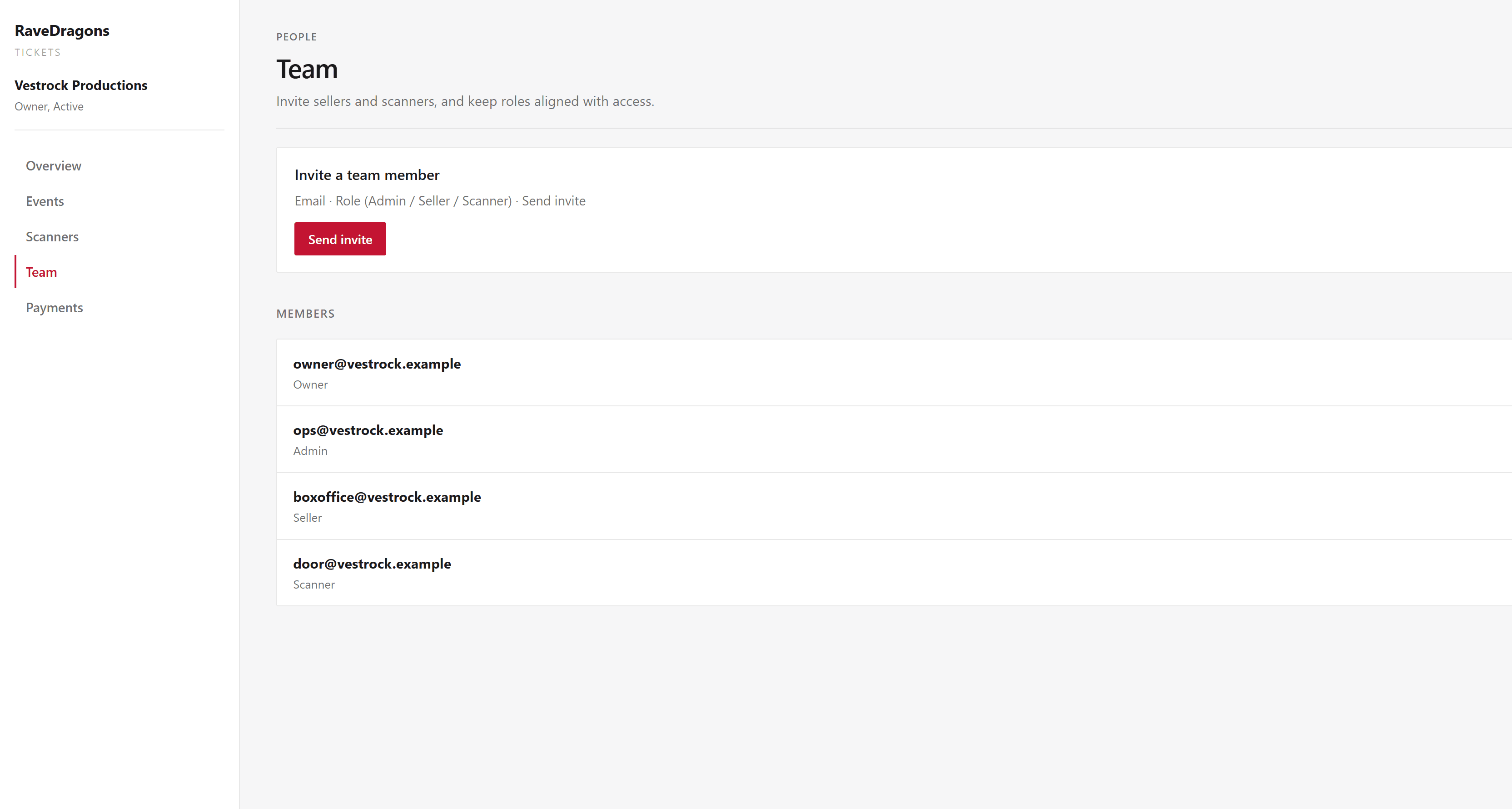 Team page with members and invite form