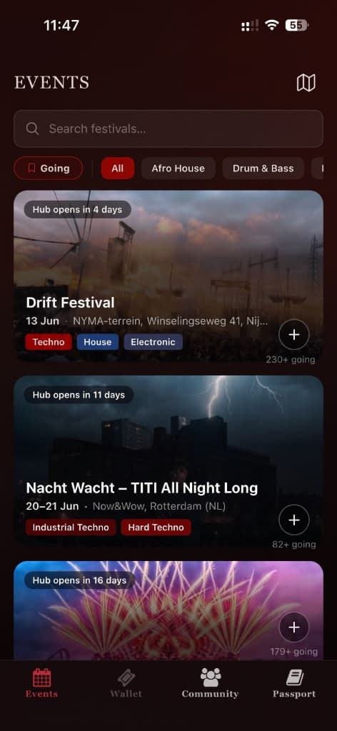 Events in the RaveDragons app, with Drift Festival listed at the top