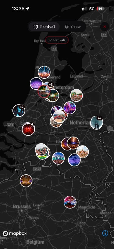 Festival map in the RaveDragons app with a priority pin on the night